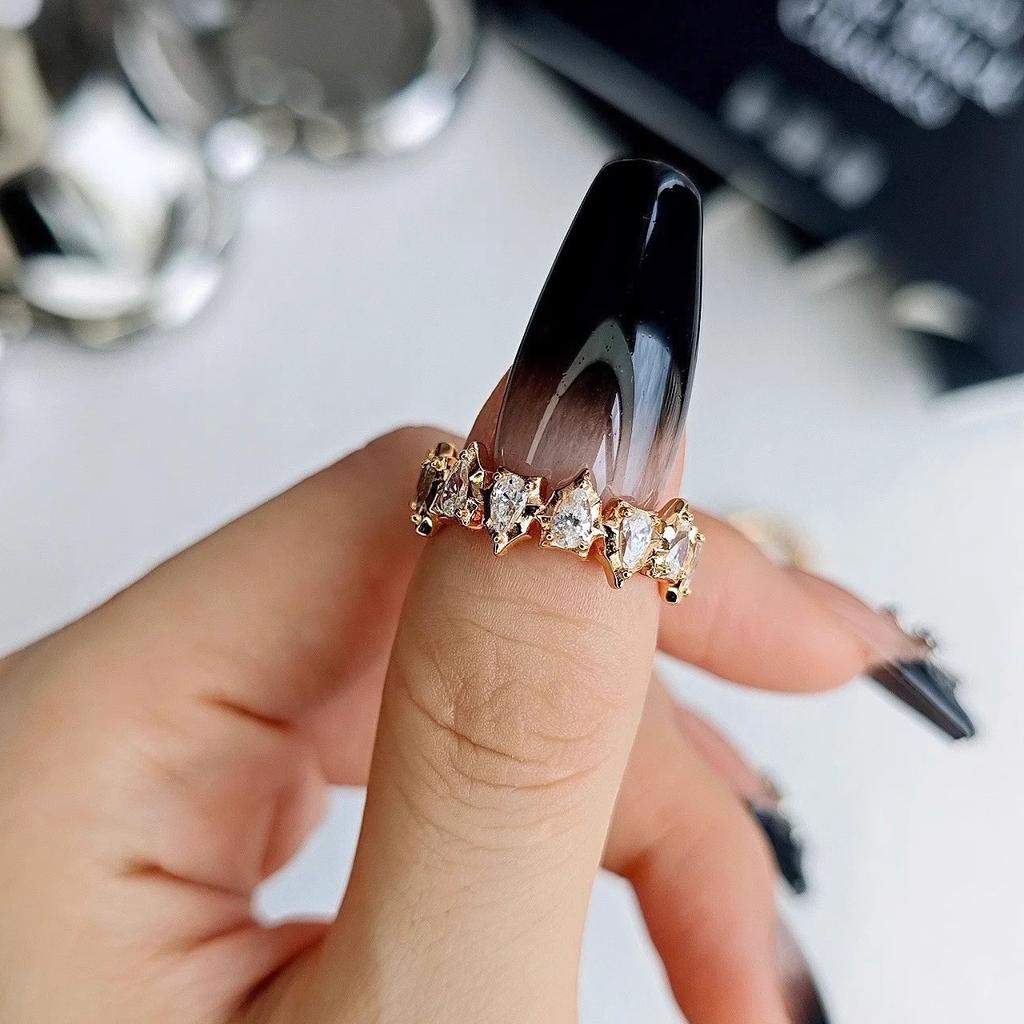 French Retro Simple Niche Design High Carbon Diamond Ring High Sense Irregular Edge Row Diamond Stack Wearing Tail Ring Woman