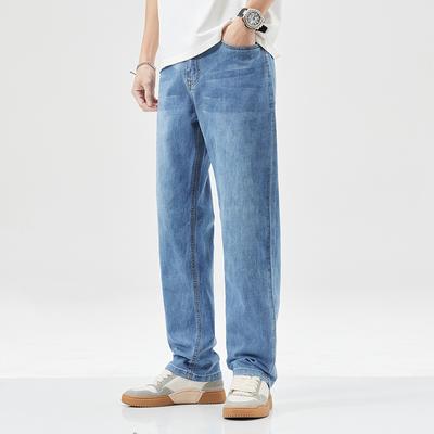 Men's Summer Light Blue Casual Thin Jeans Straight Loose Korean Versatile Trousers