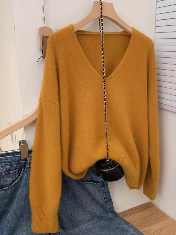 Luxurious V-neck Korean Style Loose Wool Sweater - 100% Pure Soft Knit for Autumn/Winter