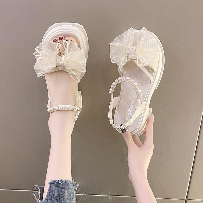 Fashion Wedge With Platform Waterproof High Heels Pearl Bow Women's Sandals Low Price Korea Shoe Summer 2025 Comfortable Ladies Shoes