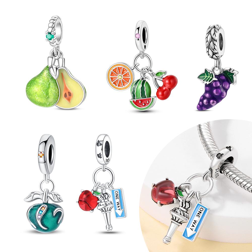 Plated 925 Silver Colorful fruits Charms Fit 925 Charms Bracelet Beads Jewelry Gifts for Women