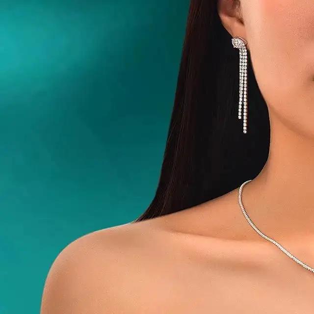 Luxury Sparking 5A Cubic Zirconia CZ Tennis Chain Tassel Dangle Drop Earring Fashion Women Jewelry