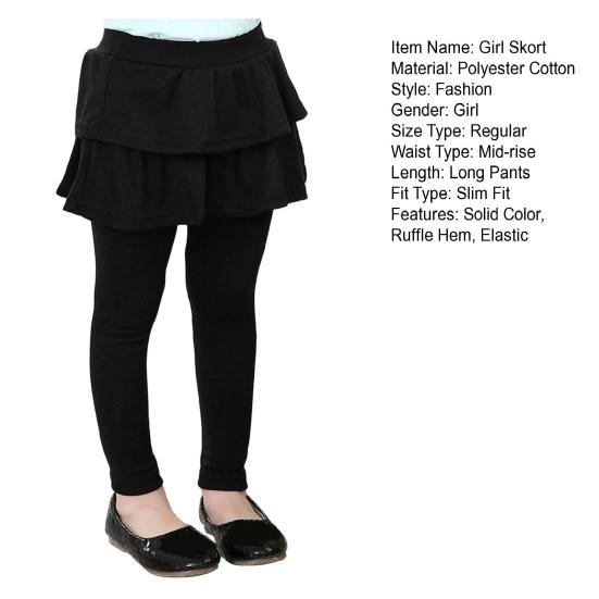 Girl Culottes Mid-rise Ruffle Hem Solid Color Girl Skort Solid Color Elastic Slim Fit Bottoms Daily Wear