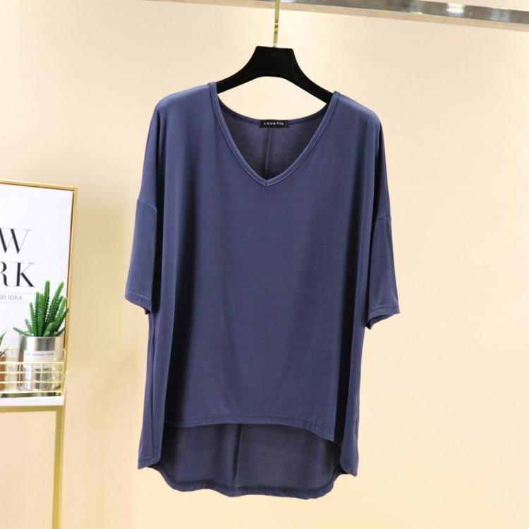 Women Casual Comfortable Summer Loose Fit Large Size Modal V Neck T Shirt Half Sleeve High Low Hem Top