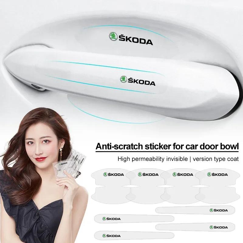 AAAAN1 Car Door Handle Bowl Transparent Sticker Anti-collision Protection Strips For Skoda Octavia Fabia Karoq Superb Rapid Kamiq Scala