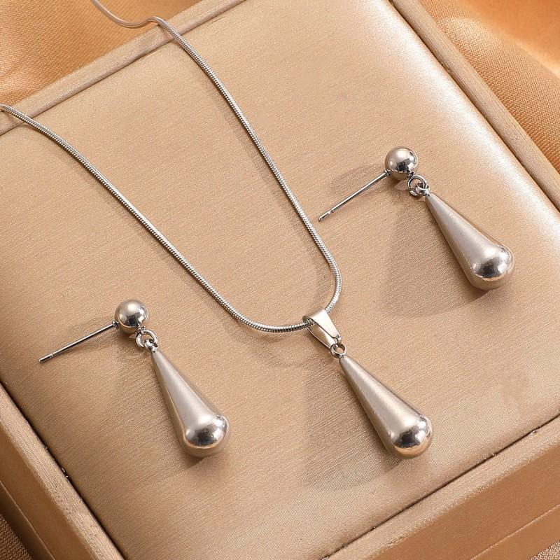 Stainless Steel Water Drop Pendant Necklace Women Minimalist Elegant Chain Jewelry Set With Earrings
