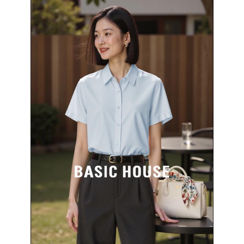 Basic House Women s Short Sleeve Polo Collar Blouse S
