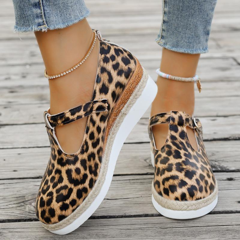 Thick-soled fashion casual single shoes women's printed bag head belt buckle hollow wedge heel large size single shoes