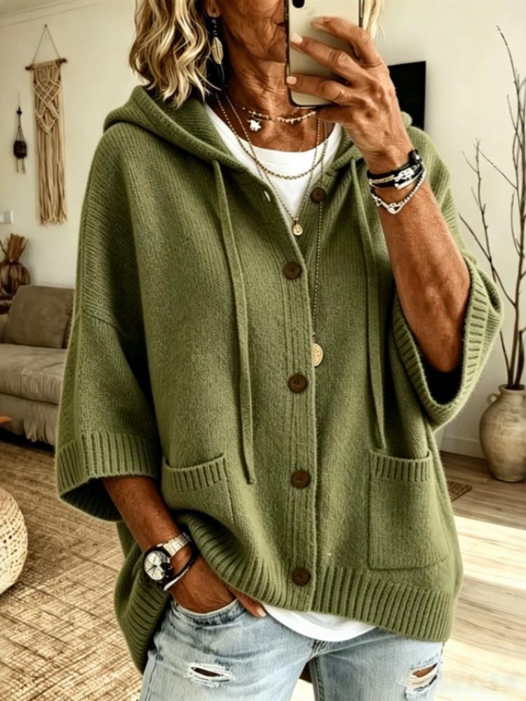 Großformat Damen Lässiger Einfarbiger Kapuzenpullover Offene Strickjacke Jacke Mantel Knopf Kordelzug Warm Weich Frühling Herbst Winter Vielseitiger Pullover S grün