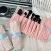 Aesthetic Pink Color Roll-up Pencil Bags for Kids Girl Sweet Floral Print Plaid Makeup Brush Portable Gel Pen Organizer