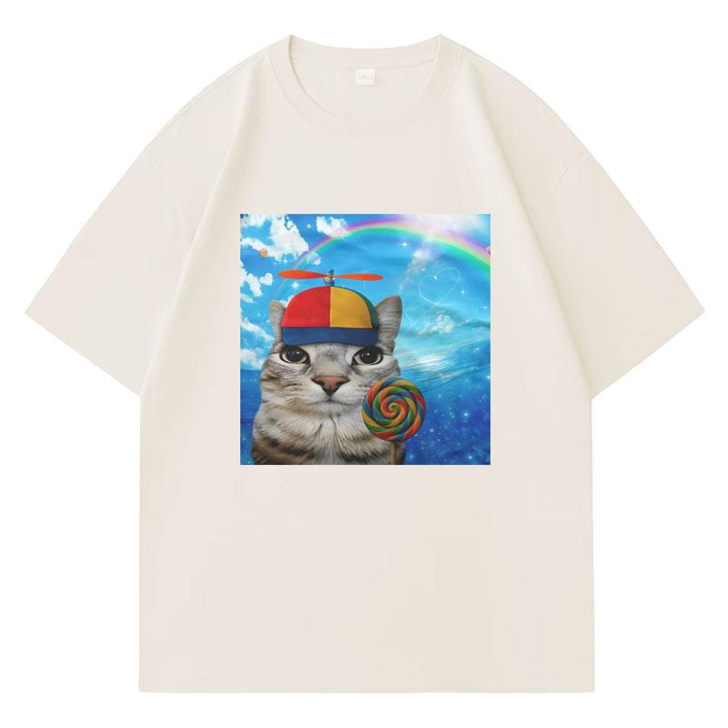 Greetings Huzz T-shirt Silly Cat Meme Summer Hip Hop High Quality Mens Women Crewneck Casual Y2k Clothes Teenager Tshirt Unisex