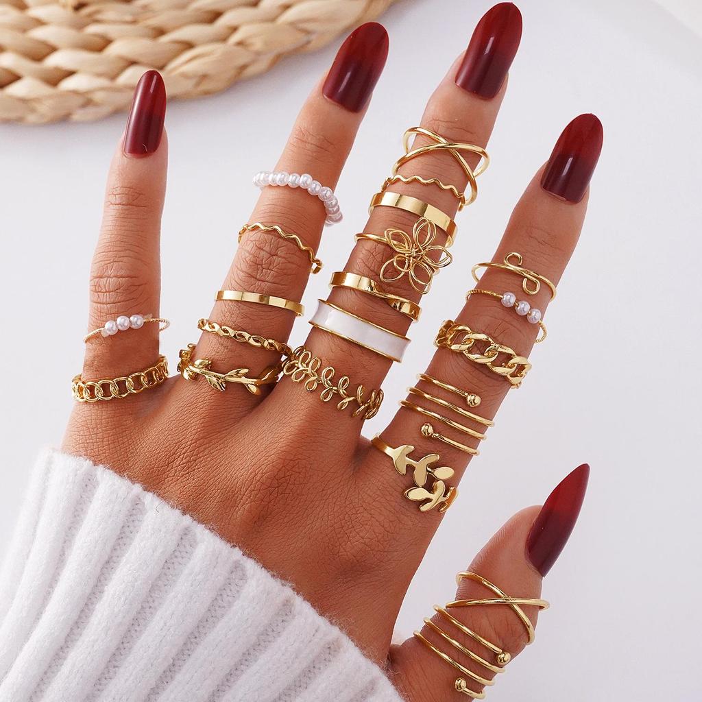 23-Piece Set: Black Butterfly Diamond & Pearl Knuckle Rings for Women