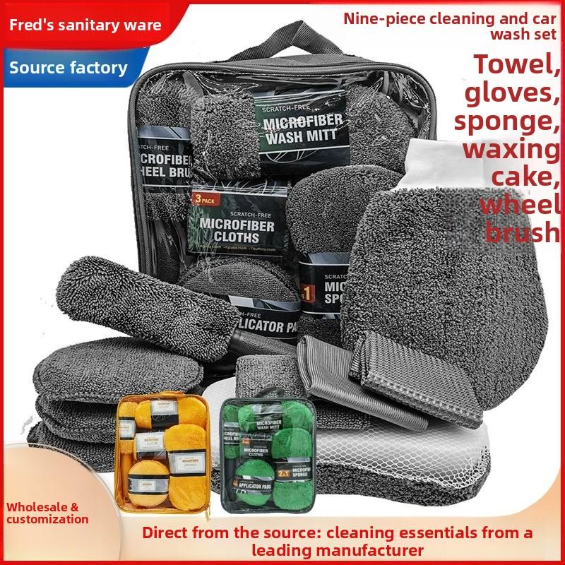 Kit de 9 piezas para limpieza de coche, guantes de lavado, esponjas y paños de microfibra