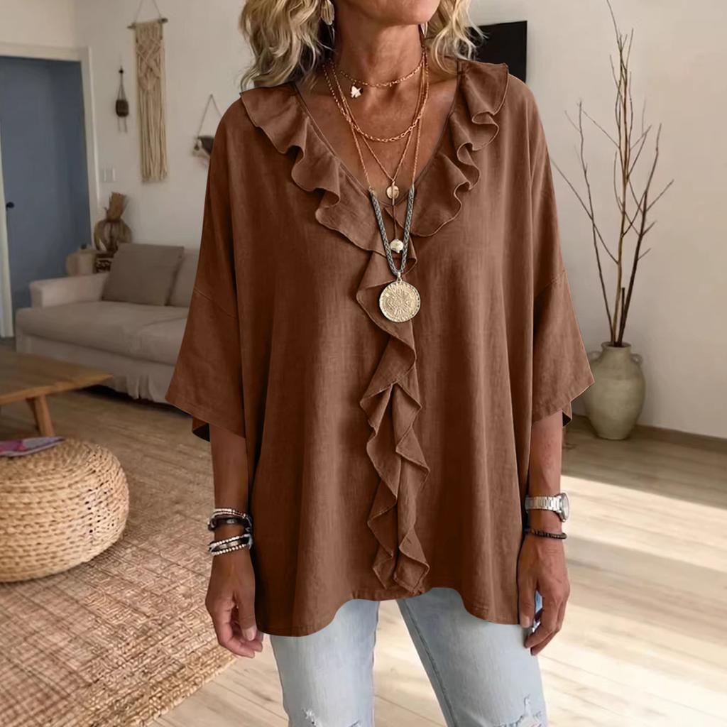 Women's Color Ruffle V-Neck Casual Three-Quarter Sleeve Blouse