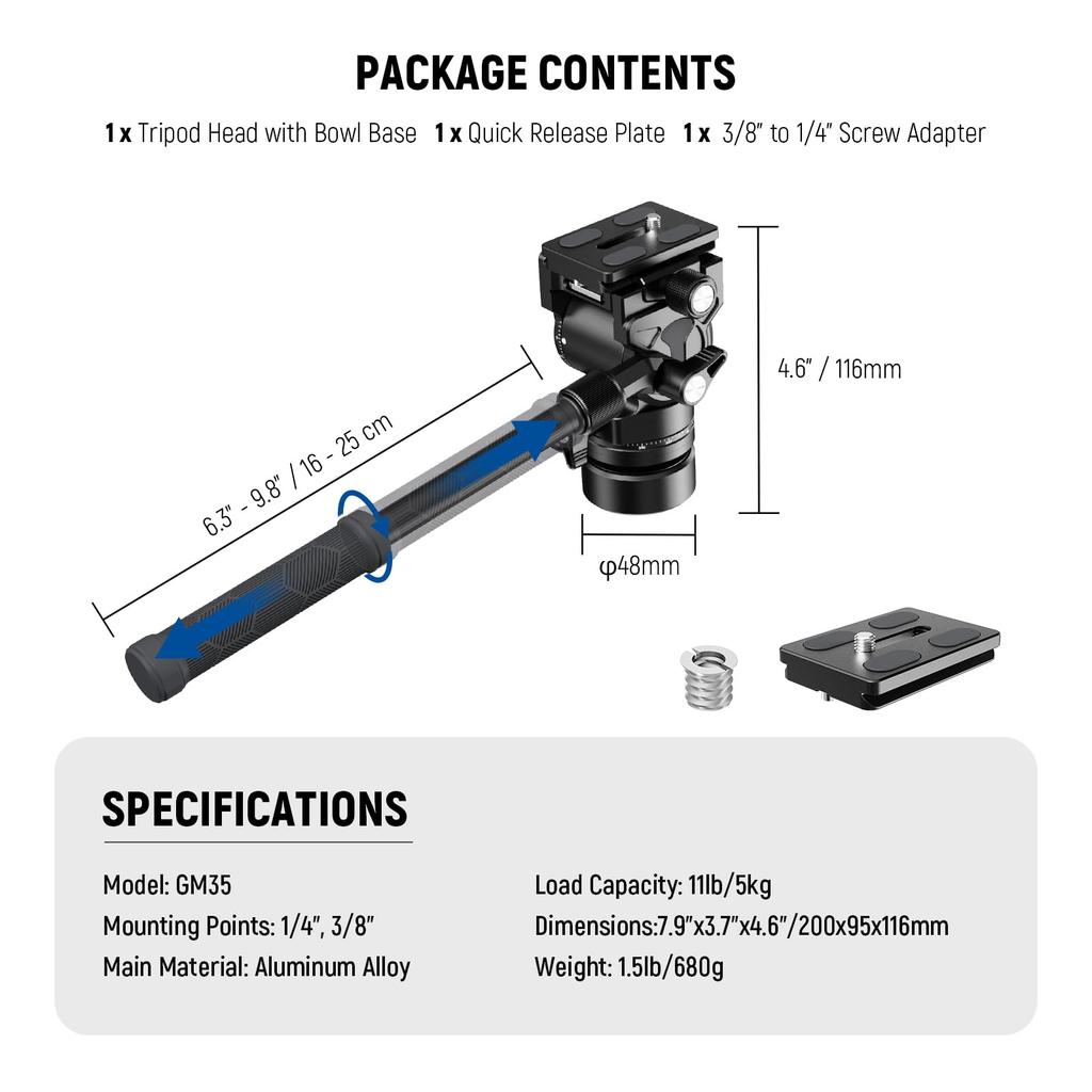 Neewer GM35 Tripod Fluid Head with Leveling Base Compact Metal with QR Plate and Telescopic for and Head Mounted Cameras and Maximum Load 5kg +/-7°