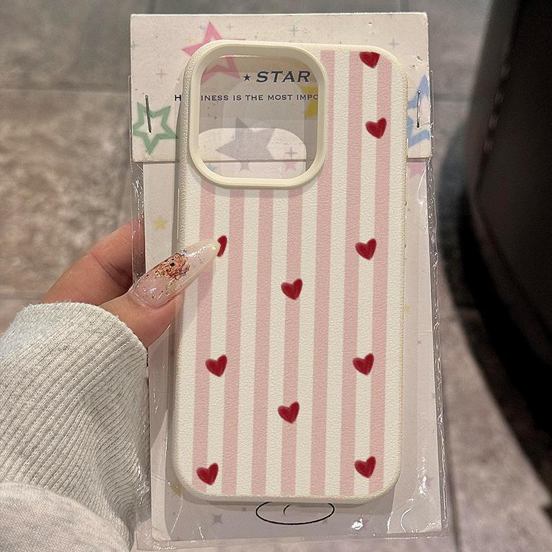 Pink and White Striped Heart Pattern Phone Case For iPhone 11 12 13 14 15 16 17 Pro Max 14 15 Plus 17Air XR XS MAX Soft Cover