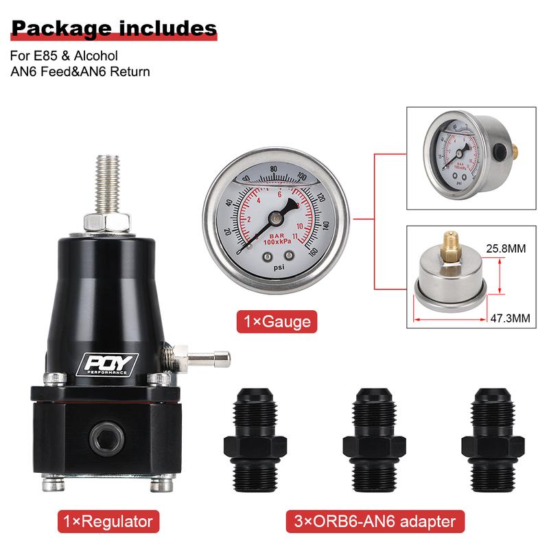 WLR - Universal Black Fuel Pressure Regulator With White Oil Gauge 3 Pieces AN6 Fittings 30-70 PSI WLR7845