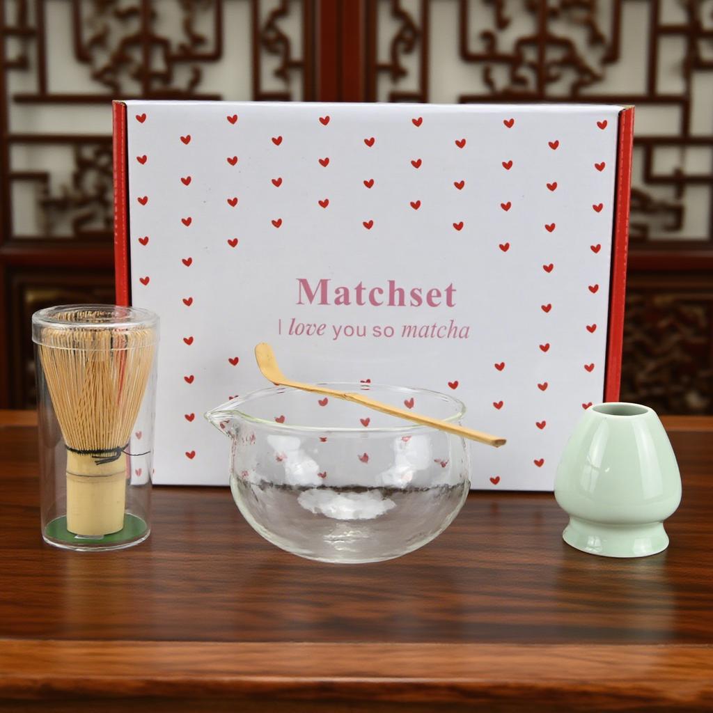 4PCS/Set Japanese-style Matcha Glass Bowl , Spoon, Tea Whisk, Perfect Gift For Ceremony, Traditional Decoration