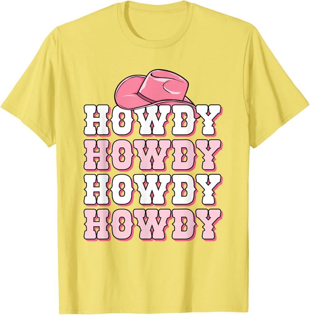 Howdy Pink Cowboy Hat Western Graphic Tee Soft Breathable Casual T-Shirt for Women