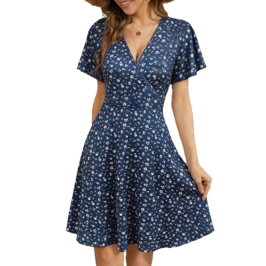 Women's Summer Fashion: Floral Print, Short-Sleeve, Fitted V-Neck A-Line Dress