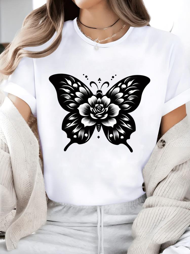 (Asian Size) Watercolor Flower Trend 90s Print Short Sleeve T-shirts Fashion O-neck Female Casual Women's Top T Clothing  Graphic Tee
