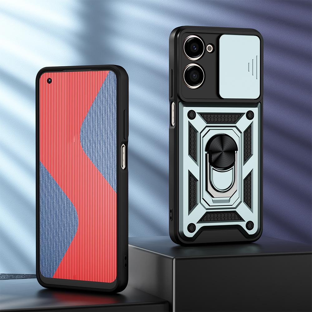 KEYSION Funda armadura a prueba de golpes para Realme 10 Pro + 5G, anillo de protección de lente de cámara deslizante, cubierta de teléfono con soporte para OPPO Realme 10 Pro