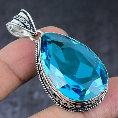 Naturalny Niebieski Topaz Kamień Szlachetny Ręcznie Robiony Srebro Próby 925 Prezent Wisiorek 2,17" y8c19