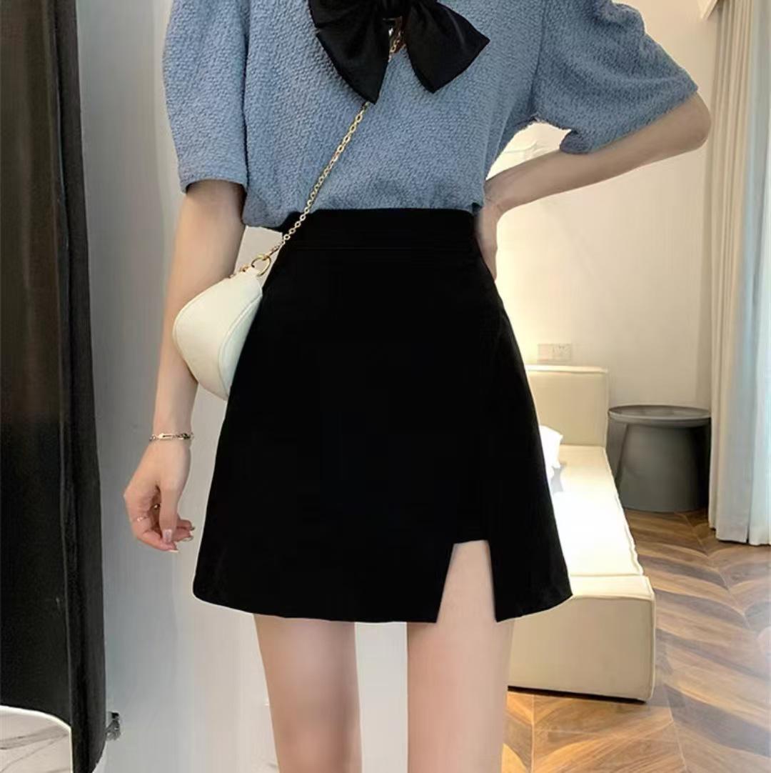 

2025 Spring & Autumn High-Waisted A-line Slit Skirt - Black XL