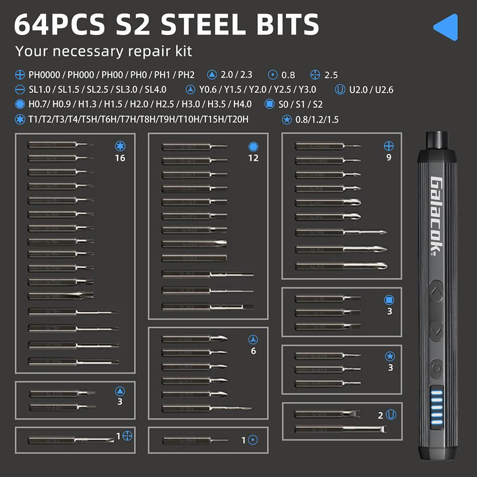 Precision Electric Screwdriver Set Cordless 64 Precision Drill Bits 5 Torque Settings LED Mobile Phone Repair Hand Tool Kit DIY