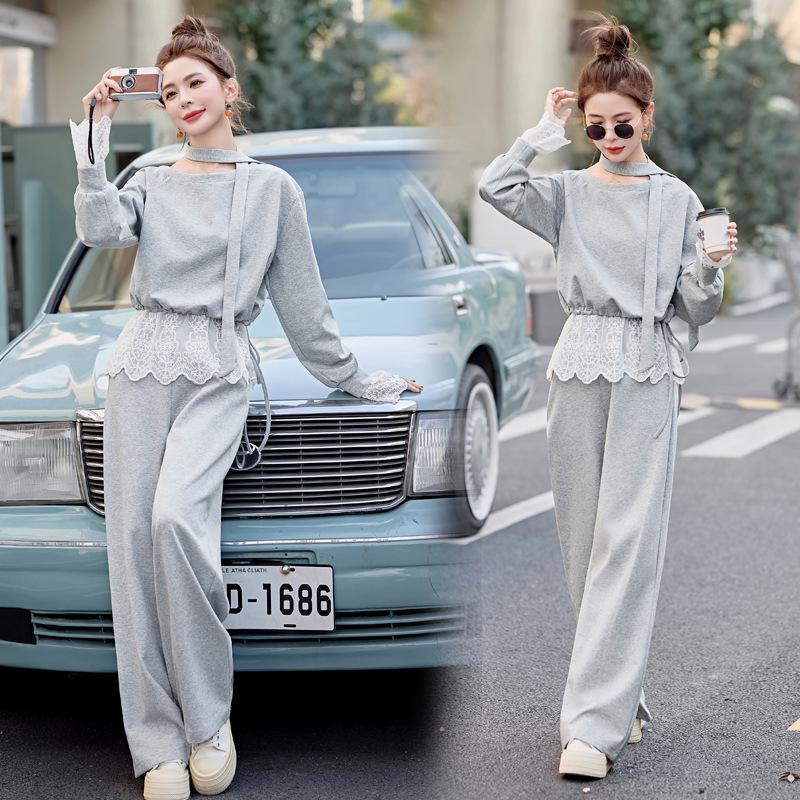 

Стильный комплект из свитшота и брюк с кружевной отделкой на весну/осень 2025 XL (125-140 jin) серый