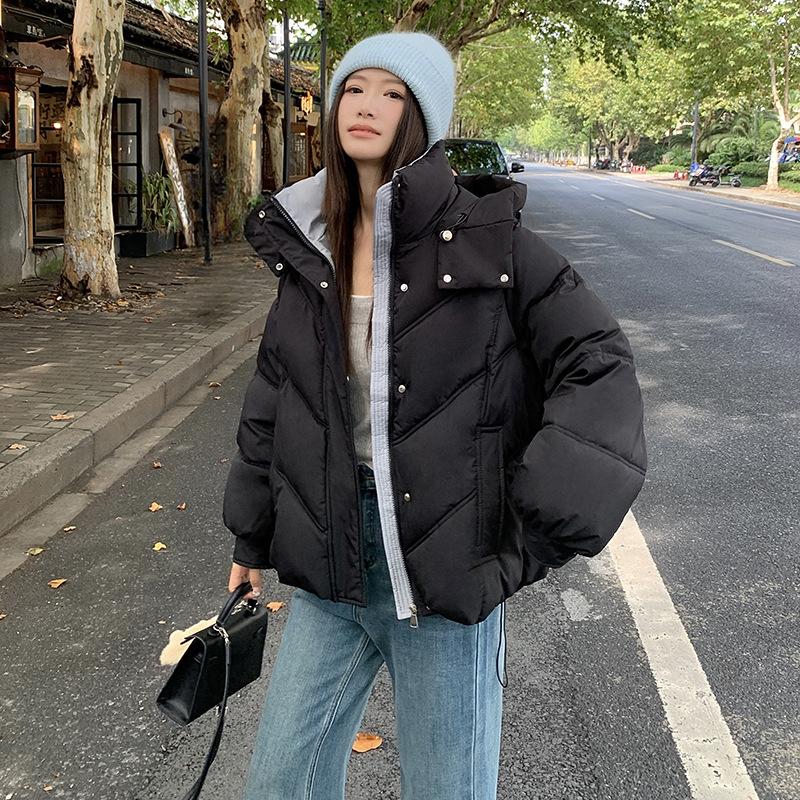 

Зима 2025 новая пуховая хлопковая куртка с капюшоном, короткая хлопковая куртка, повседневная, больших размеров, универсальная стеганая куртка, топ M чёрный