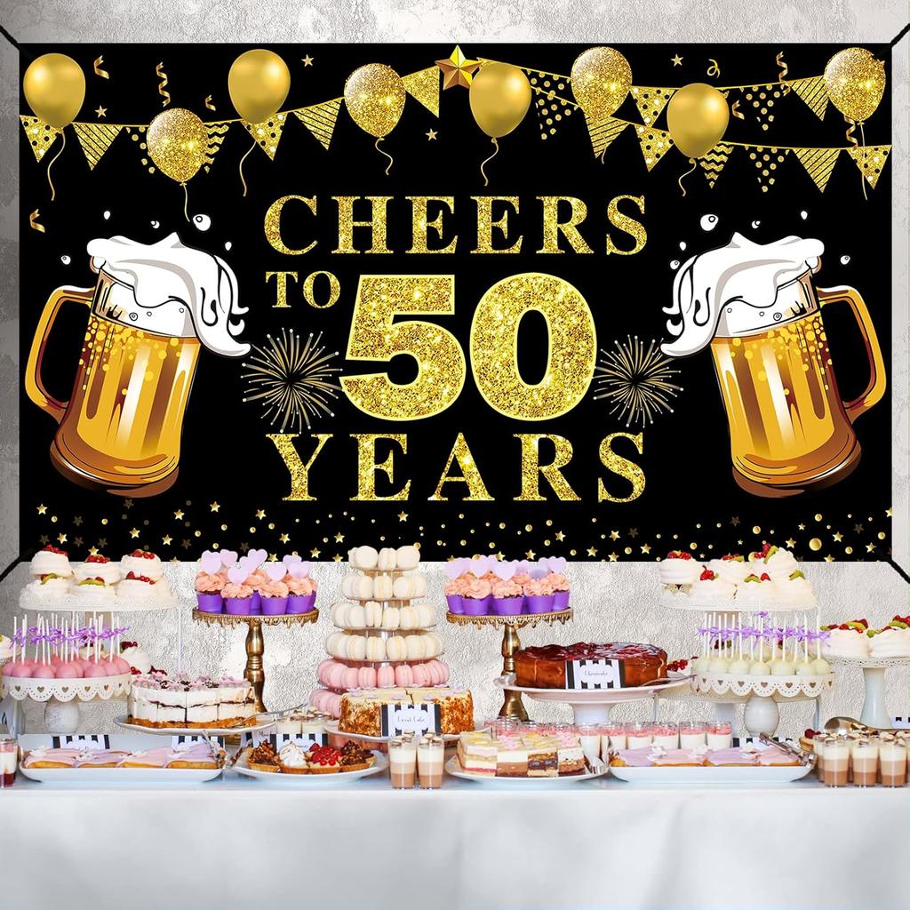 Lnlofen Cheers to 50 Years Banner Backdrop, Black Gold Happy 50th Birthday Decorations, 50 Anniversary Banner Poster Sign Party Supplies (72.8 x 43.3