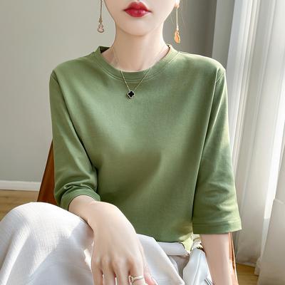 Spring Summer Women Round Neck Silky Cotton Short Sleeve T-Shirt Feminine Cotton Cropped Sleeve Bottoming Shirt