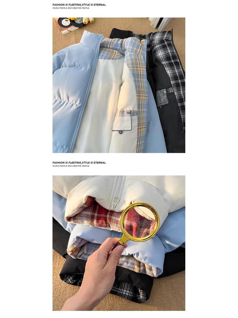 Unisex Black Plaid Patchwork Cotton Jacket – Warm Stand Collar Winter Outerwear