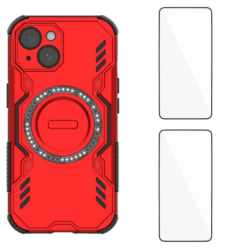 

For iPhone 15 Magnetic Case WANLONFENG DJ Series PC TPU Phone Cover with 2Pcs Tempered Glass Film Red