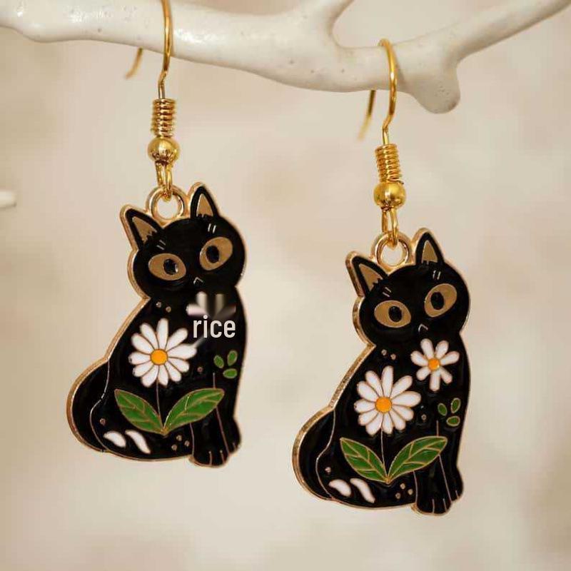 European & American Black Cat Flower Earrings - Unique Gold & Black Quirky Design