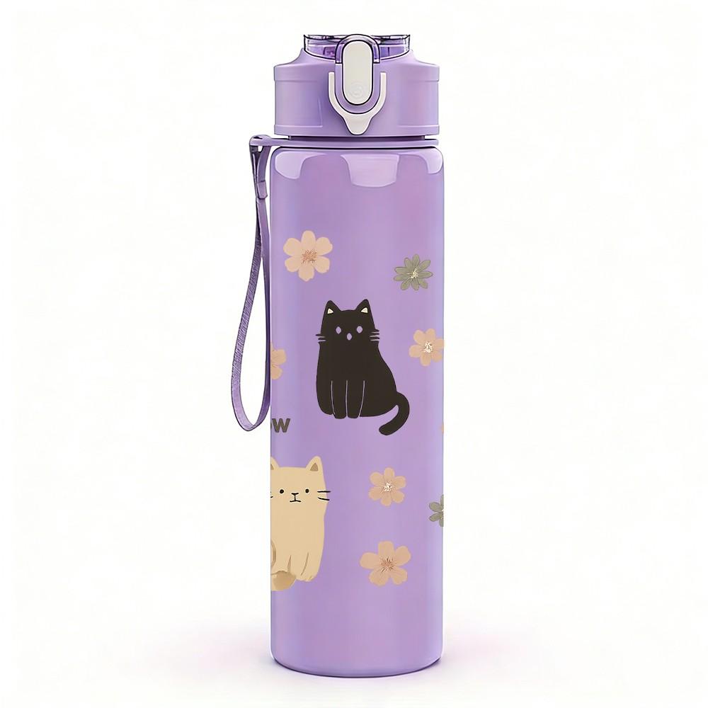 1PC Mixed Cats Floral Repeat Grid 750ml Color Plastic Sports Water Bottle Leakproof Flip Straw Lid For Sports Office Home Use
