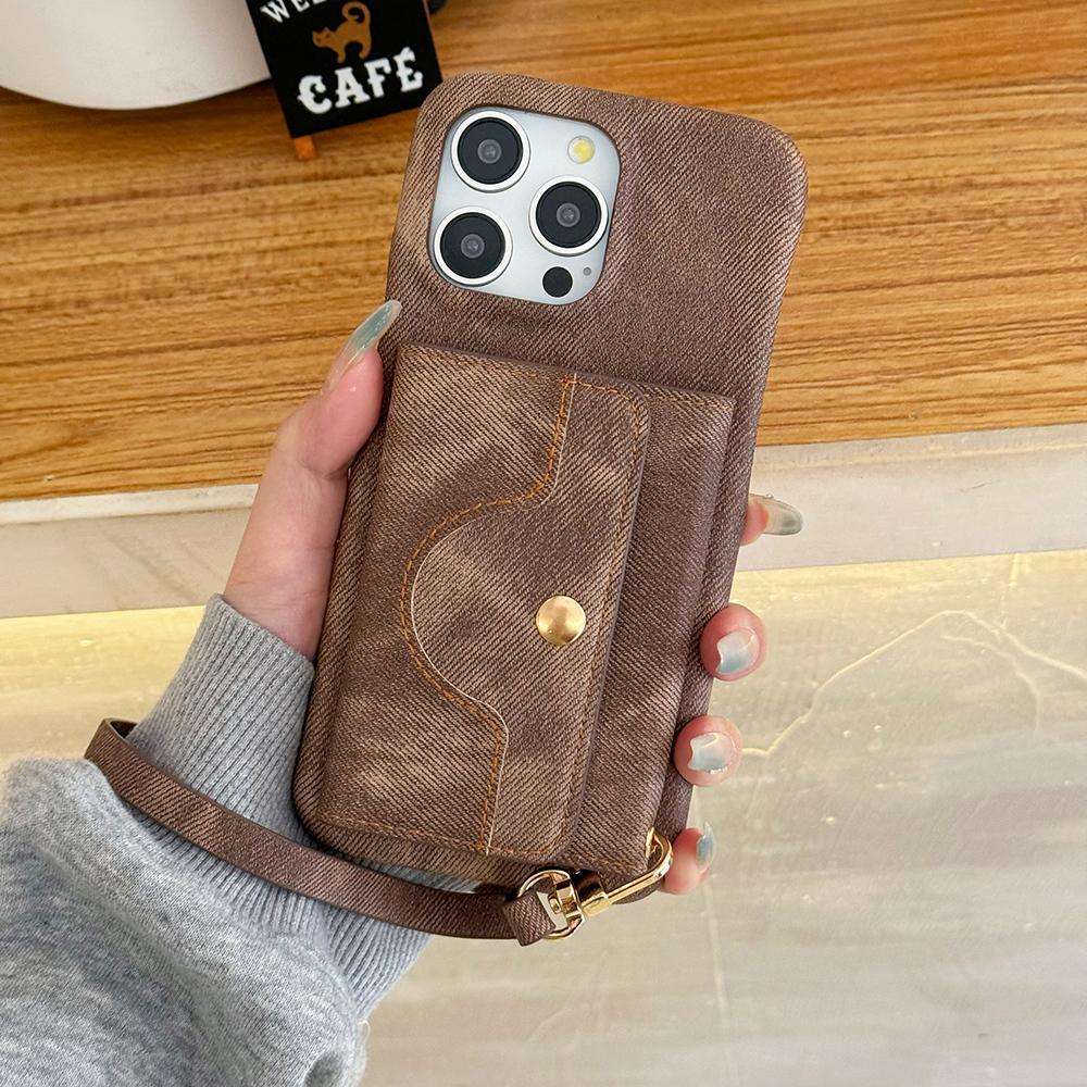 For iPhone 14 Pro Case Card Slots Mirror Design Jeans Cloth Texture PU Leather Back Cover with Strap