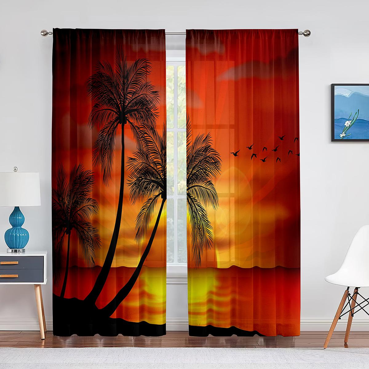 

Океанский пляж, тропические пальмы, закат, пейзаж, прозрачная вуаль, занавеска для окон, тюлевые шторы для декора гостиной, спальни 1 PCS W100XH250cm&Grommet Top