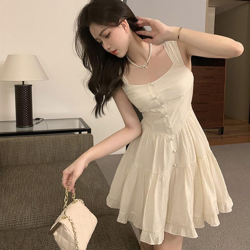 Coffee Break French First Love Sleeveless Square Neck Suspender Dress Women Small Waist Cover Hips Skinny A-word Medium Dress
