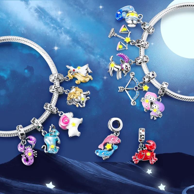 Zodiac Signs Original Charms Copper Glow In Dark Pendants Beads Fit Bracelet Diy Jewelry Birthday Gift For Women