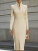Elegant European & American Style Stand Collar Long Sleeve Bodycon Dress for Women - Slim Fit, Mid-Length, Formal Wear