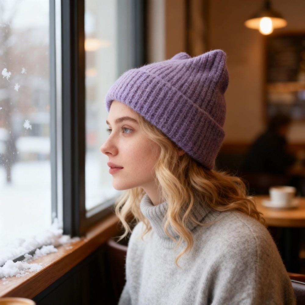 Warm Cat Ear Knitted Hat Solid Color Beanies Hat Ear-Protecting Wool Hat  Ear Protection Hat