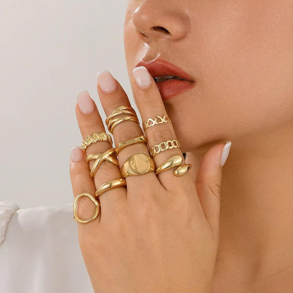 10Pcs/Set Geometric Trendy Gold Copper Color Cuff Rings Set For Women Girl Metallic Stainless Steel Minimalism Fashion Chic Ring