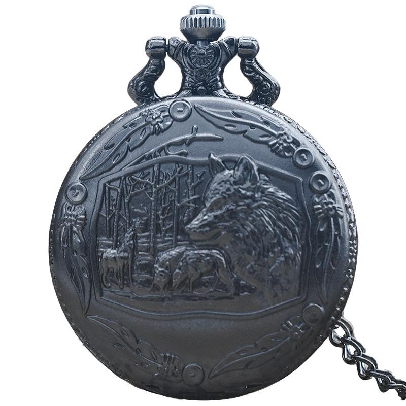 Винтажные бронзовые кварцевые карманные часы с головой волка, ожерелье с цепочкой, кулон в подарок для мужчин чёрный