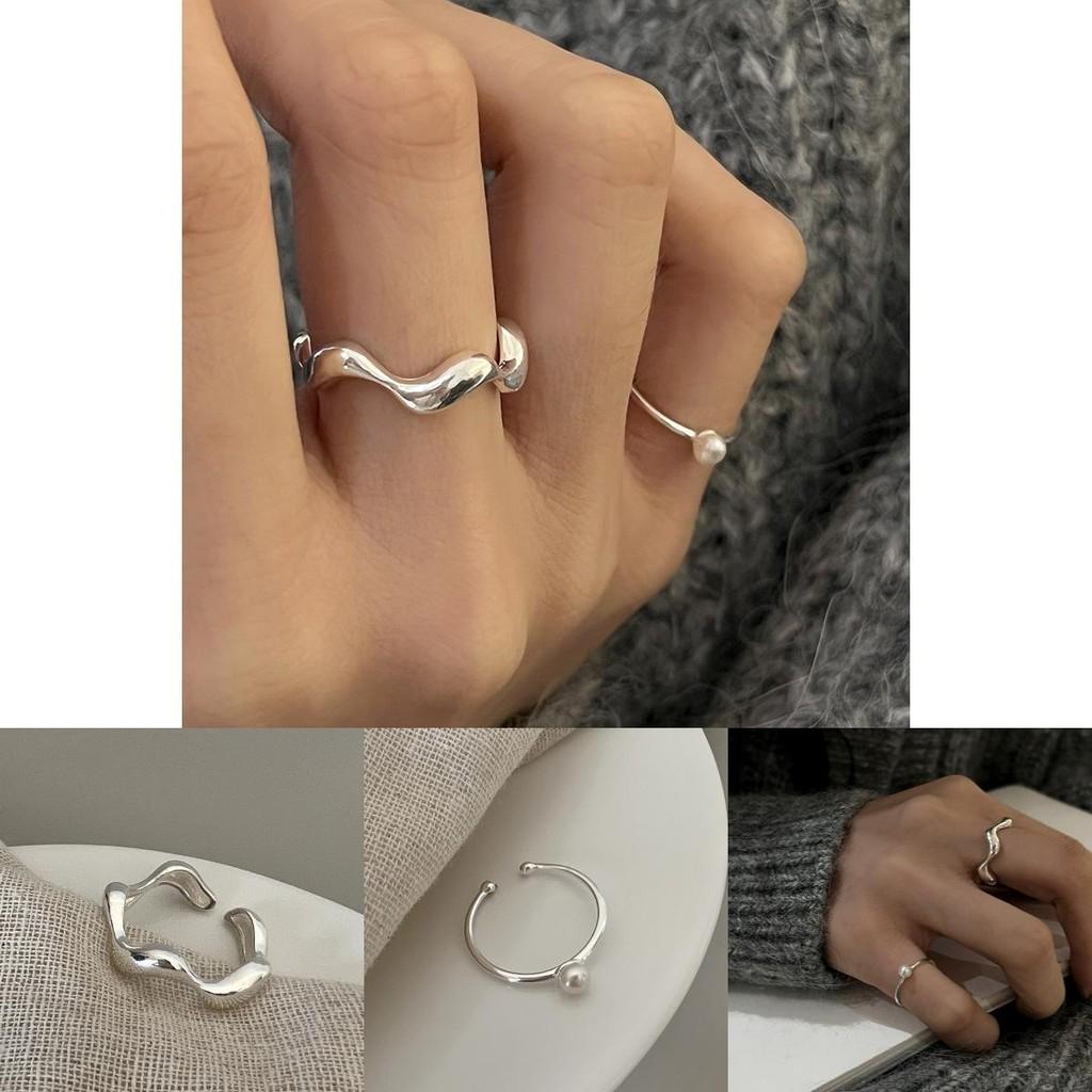 Stylish Geometric Wave Open Ring For Women With Adjustable Copper Design And Pearl Accent