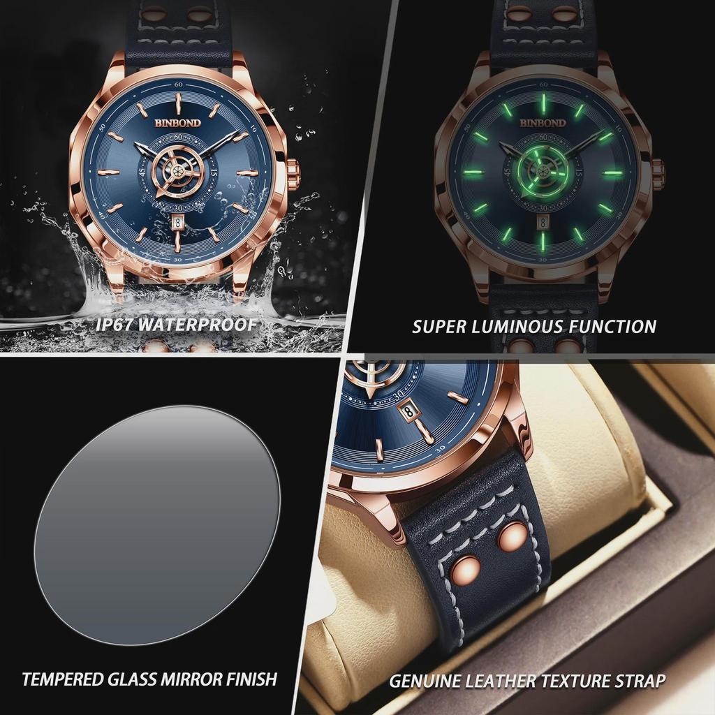 BINBOND Man Sport Wristwatch Casual Luminous Male Clock Business Quartz Movement Men's Watches