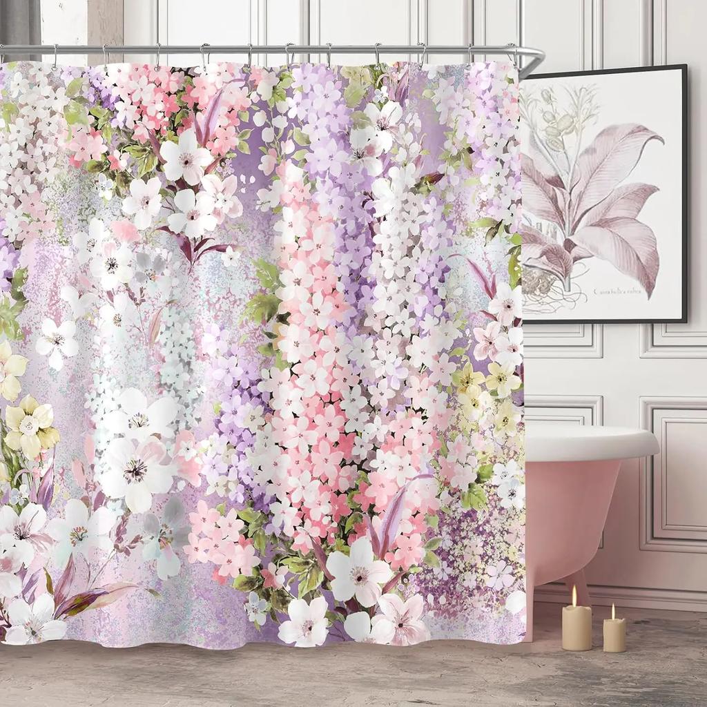 Purple Cute Floral Shower Curtain Color Pink Flower Fabric Bathroom Shower Curtain, Watercolor Cloth Shower Curtain