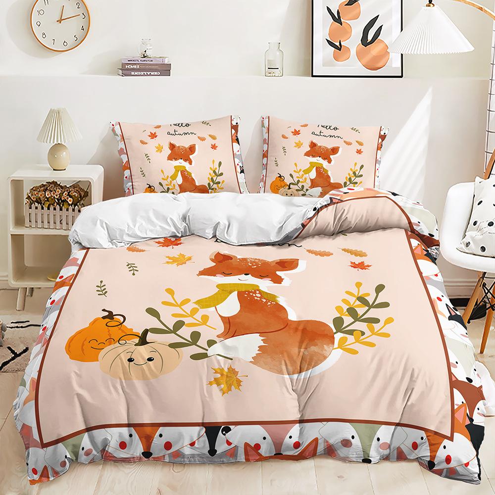 

Bed Three-Piece Thanksgiving Fox Pumpkin Quilt Cover 3D Digital Printing Kit 135 * 200 (two-piece set) 90g