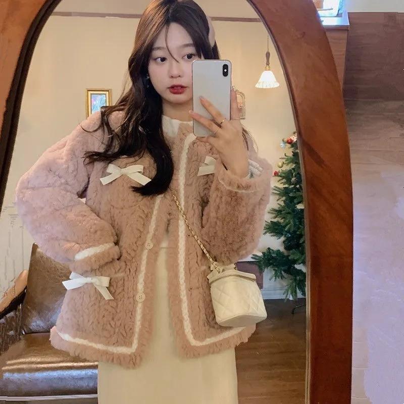 

Зимнее новое французское ретро пальто с бантом, женское пальто из искусственного кашемира с подкладкой XL